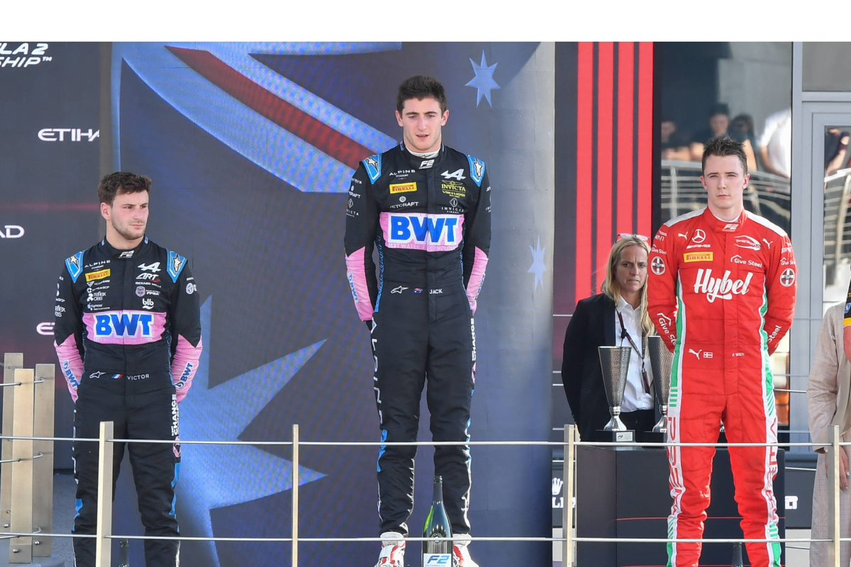 Victor Martins, Jack Doohan and Frederik Vesti on the F2 podium at the 2023 Abu Dhabi GP
