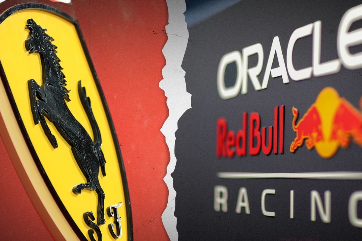 The Ferrari emblem and the Red Bull racing logo separated by a cracking line