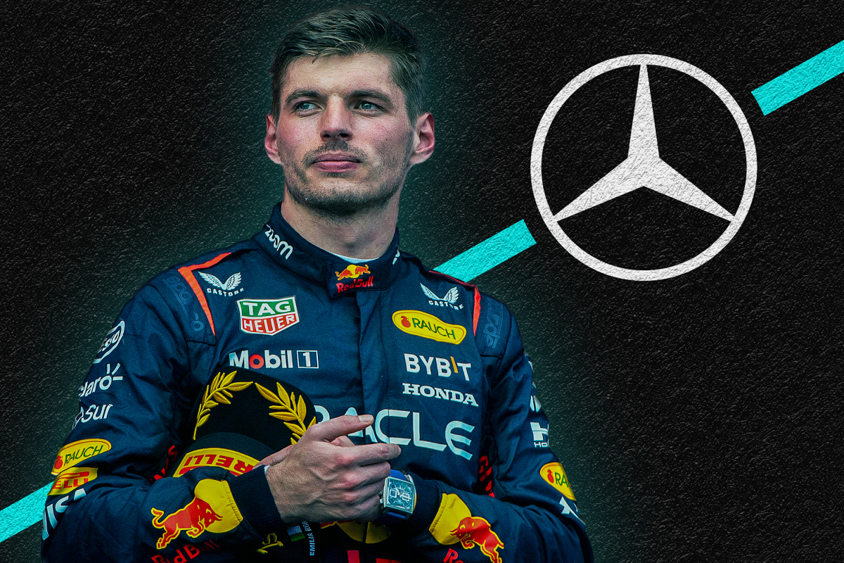 Max Verstappen in front of Mercedes-logo