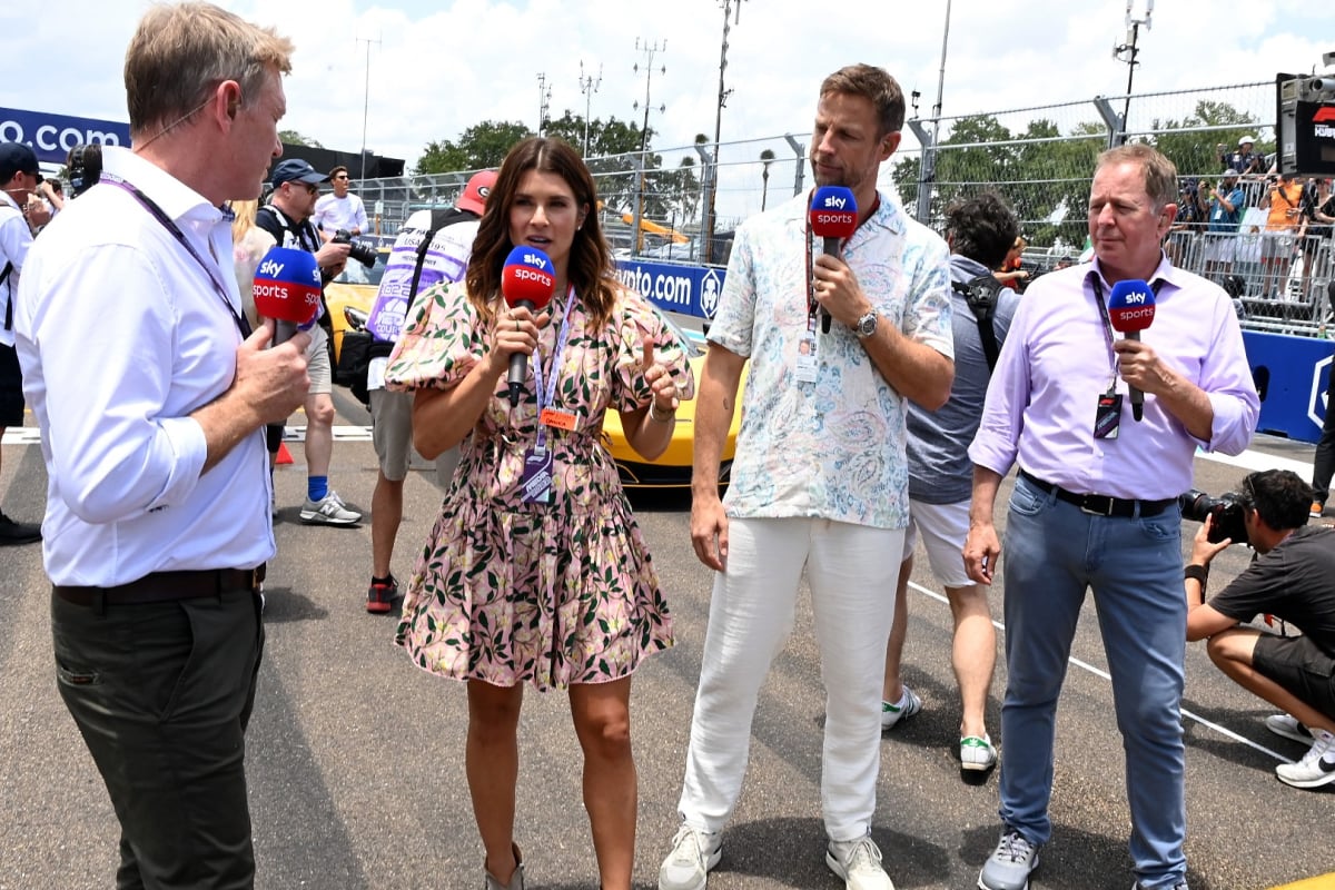 Simon Lazenby, Danica Patrick, Jenson Button and Martin Brundle of Sky Sports F1 at the Miami Grand Prix
