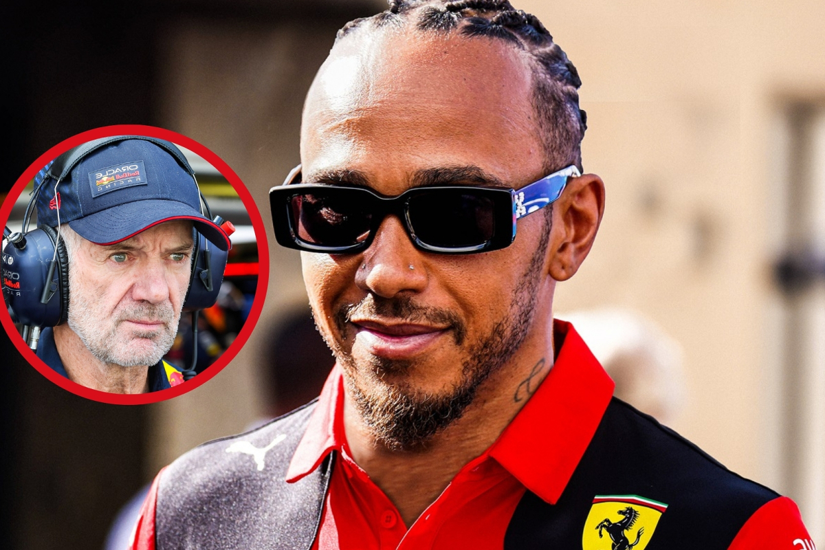 Lewis Hamilton smiles in Ferrari uniform as Adrian Newey looks on