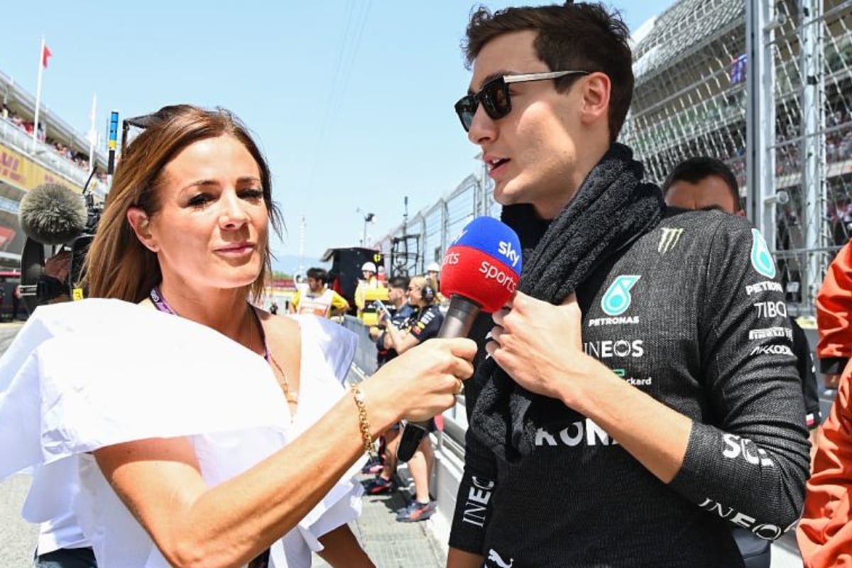 Natalie Pinkham, Sky F1 presenter, interviews Mercedes driver George Russell.